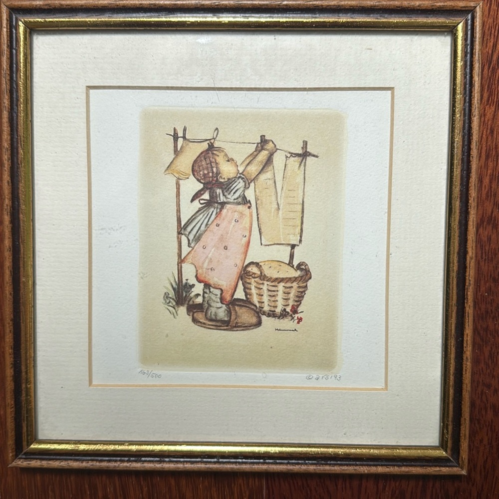 Hummel Hand-colored Etching Girl Hanging Laundry in Mom’s Oversized Apron/Shoes